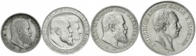 Zusammenstellungen/Lots
4 Münzen: Sachsen 5 Mark 1914 E, Württemberg 3 Mark 1911 F (zur silbernen Hochzeit), 3 Mark 1911 F, 2 Mark 1896 F.
vorzüglic...