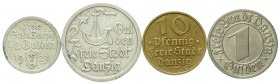 Danzig
Freie Stadt
4 Stück: 1/2 Gulden 1923, 2 Gulden 1923, Gulden 1932 und 10 Pfennig 1932.
meist sehr schön