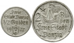 Danzig
Freie Stadt
2 Stück: 1/2 Gulden 1927 Hansekogge und 2 Gulden 1923 Hansekogge.
sehr schön/vorzüglich und sehr schön