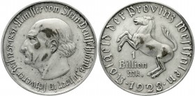 Provinz Westfalen
1 Billion Mark 1923. Freiherr vom Stein.
vorzüglich, Kratzer, fleckig