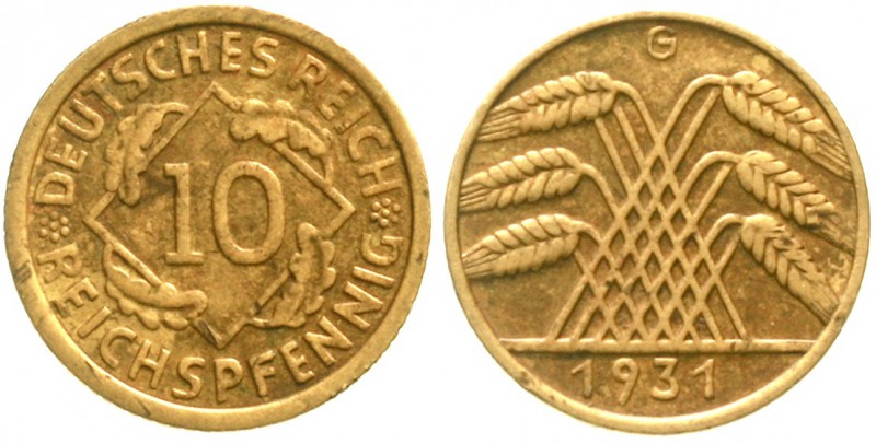 Kursmünzen
10 Reichspfennig, messingfarben 1924-1936
1931 G. sehr schön, kl. R...