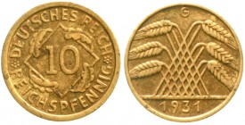Kursmünzen
10 Reichspfennig, messingfarben 1924-1936
1931 G. sehr schön, kl. Randfehler, selten