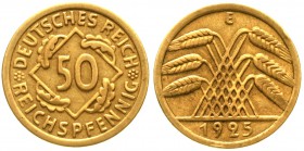 Kursmünzen
50 Reichspfennig, messingfarben 1924-1925
1925 E. Rs. mit interessantem Doppelschlag.
sehr schön, kl. Randfehler