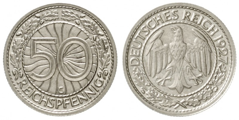 Kursmünzen
50 Reichspfennig, Nickel 1927-1938
1927 G. Polierte Platte, sehr se...