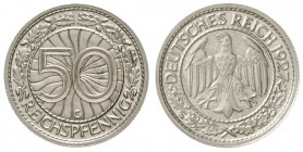 Kursmünzen
50 Reichspfennig, Nickel 1927-1938
1927 G. Polierte Platte, sehr selten