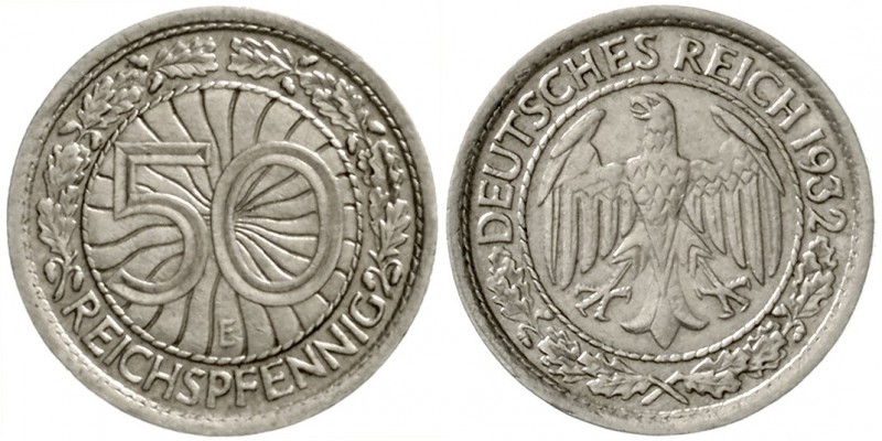 Kursmünzen
50 Reichspfennig, Nickel 1927-1938
1932 E. sehr schön/vorzüglich