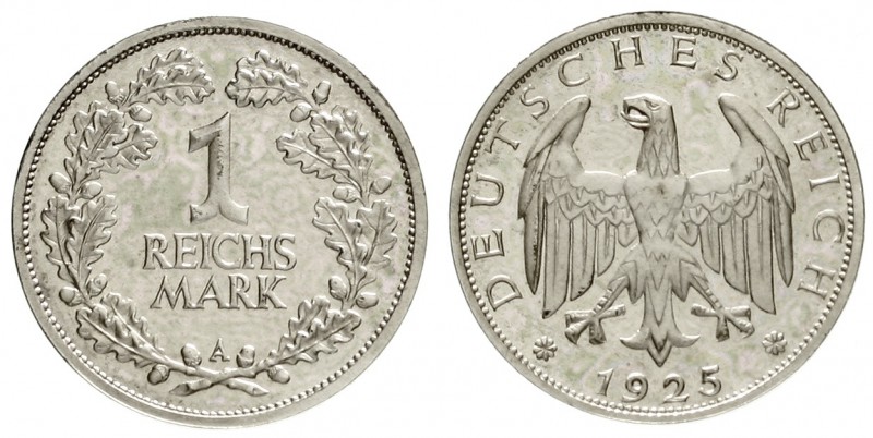 Kursmünzen
1 Reichsmark, Silber 1925-1927
1925 A. Auflage nur 600 Ex.
Poliert...