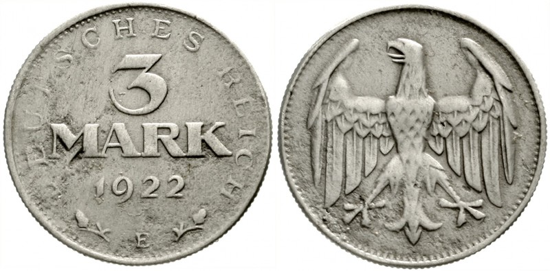 Kursmünzen
3 Mark, Aluminium 1922
1922 E. Hitzespuren, schön, selten