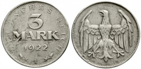 Kursmünzen
3 Mark, Aluminium 1922
1922 E. Hitzespuren, schön, selten