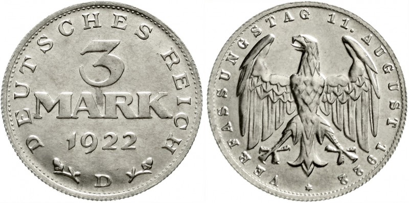 Kursmünzen
3 Mark, Aluminium mit Umschrift 1922-1923
1922 D. fast Stempelglanz...