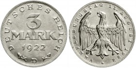 Kursmünzen
3 Mark, Aluminium mit Umschrift 1922-1923
1922 D. fast Stempelglanz, sehr selten