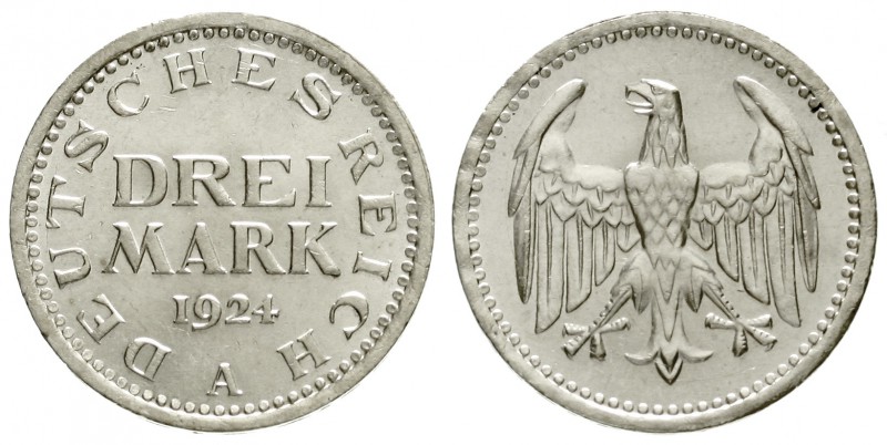 Kursmünzen
3 Mark, Silber 1924-1925
3 Reichsmark 1924 A. prägefrisch