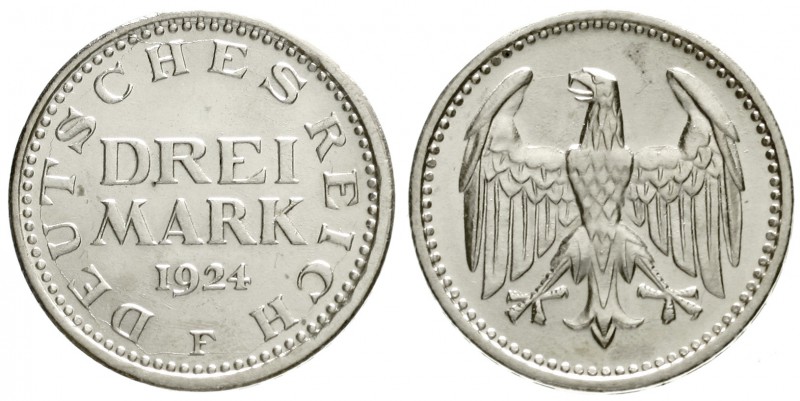 Kursmünzen
3 Mark, Silber 1924-1925
3 Reichsmark 1924 F. prägefrisch
