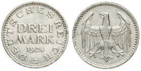 Kursmünzen
3 Mark, Silber 1924-1925
3 Reichsmark 1924 G. vorzüglich/Stempelglanz, prägebed. Randunebenheiten