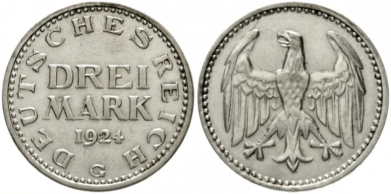 Kursmünzen
3 Mark, Silber 1924-1925
3 Reichsmark 1924 G. gutes sehr schön