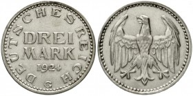 Kursmünzen
3 Mark, Silber 1924-1925
3 Reichsmark 1924 G. gutes sehr schön