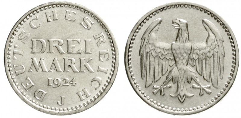 Kursmünzen
3 Mark, Silber 1924-1925
3 Reichsmark 1924 J. vorzüglich/Stempelgla...