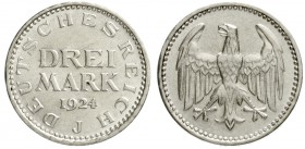 Kursmünzen
3 Mark, Silber 1924-1925
3 Reichsmark 1924 J. vorzüglich/Stempelglanz, kl. Kratzer