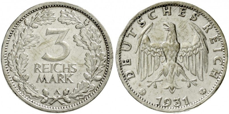 Kursmünzen
3 Reichsmark, Silber 1931-1933
1931 A. sehr schön, kl. Randfehler
