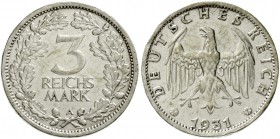 Kursmünzen
3 Reichsmark, Silber 1931-1933
1931 A. sehr schön, kl. Randfehler