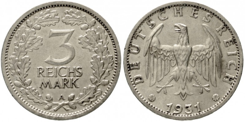 Kursmünzen
3 Reichsmark, Silber 1931-1933
1931 A. gutes sehr schön