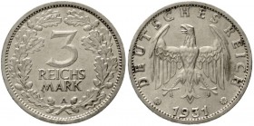 Kursmünzen
3 Reichsmark, Silber 1931-1933
1931 A. gutes sehr schön