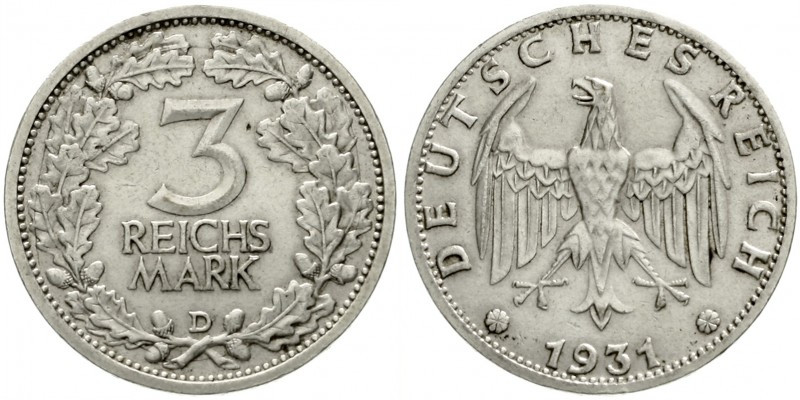 Kursmünzen
3 Reichsmark, Silber 1931-1933
1931 D. sehr schön