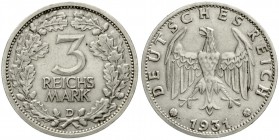Kursmünzen
3 Reichsmark, Silber 1931-1933
1931 D. sehr schön