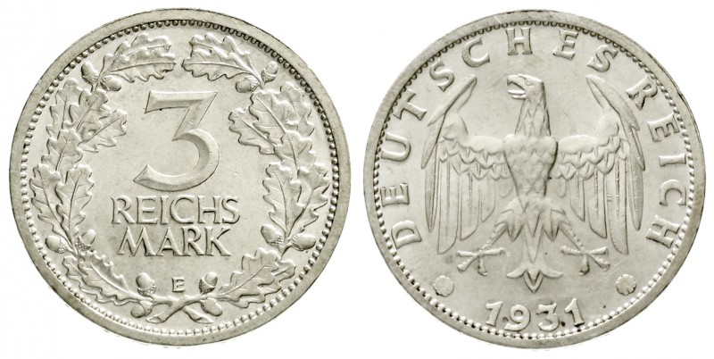 Kursmünzen
3 Reichsmark, Silber 1931-1933
1931 E. vorzüglich/Stempelglanz, win...