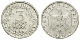 Kursmünzen
3 Reichsmark, Silber 1931-1933
1931 E. vorzüglich/Stempelglanz, winz. Kratzer