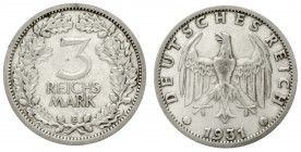 Kursmünzen
3 Reichsmark, Silber 1931-1933
1931 E. sehr schön