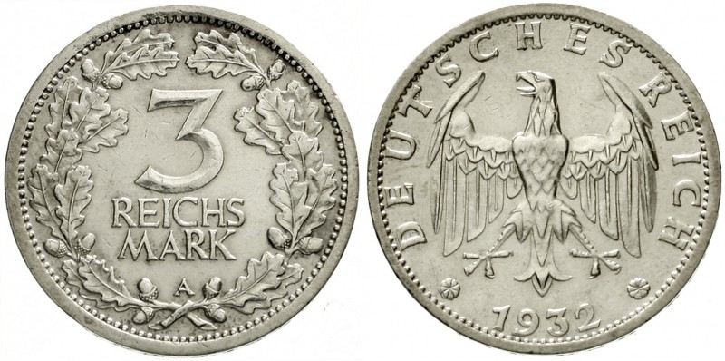 Kursmünzen
3 Reichsmark, Silber 1931-1933
1932 A. fast vorzüglich