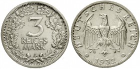 Kursmünzen
3 Reichsmark, Silber 1931-1933
1932 A. fast vorzüglich