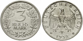 Kursmünzen
3 Reichsmark, Silber 1931-1933
1932 D. sehr schön/vorzüglich
