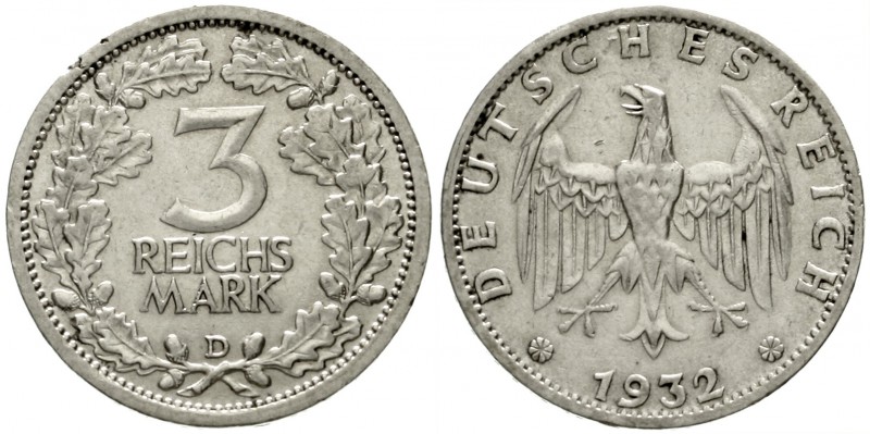 Kursmünzen
3 Reichsmark, Silber 1931-1933
1932 D. sehr schön/vorzüglich, Schrö...