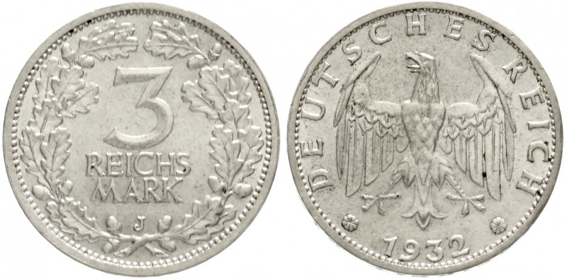Kursmünzen
3 Reichsmark, Silber 1931-1933
1932 J. vorzüglich/Stempelglanz