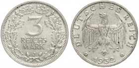 Kursmünzen
3 Reichsmark, Silber 1931-1933
1932 J. vorzüglich/Stempelglanz