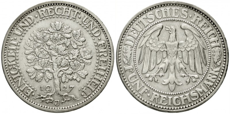 Kursmünzen
5 Reichsmark Eichbaum Silber 1927-1933
1927 J. fast vorzüglich