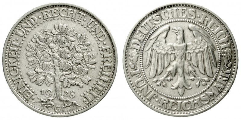 Kursmünzen
5 Reichsmark Eichbaum Silber 1927-1933
1928 G. sehr schön