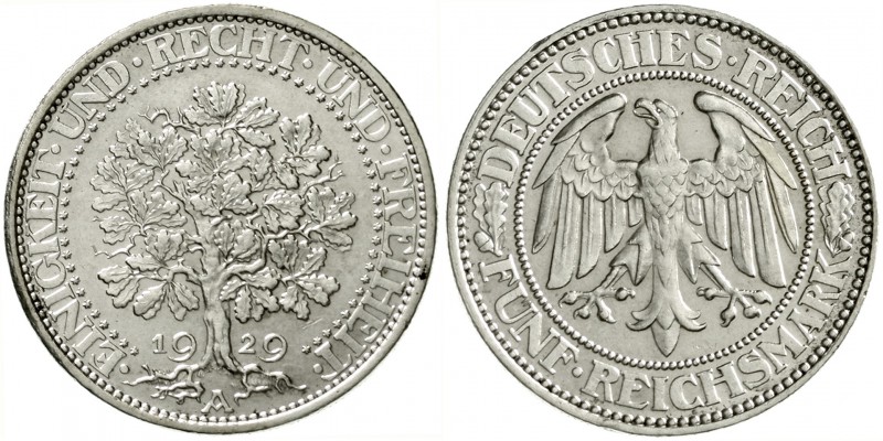 Kursmünzen
5 Reichsmark Eichbaum Silber 1927-1933
1929 A. vorzüglich/Stempelgl...