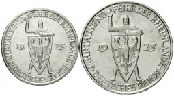 Gedenkmünzen
5 Reichsmark Rheinlande
2 Stück: 3 Reichsmark 1925 E und 5 Reichsmark 1925 D.
sehr schön/vorzüglich
