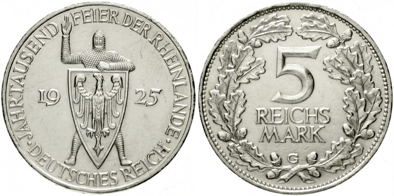 Gedenkmünzen
5 Reichsmark Rheinlande
1925 G. vorzüglich, kl. Kratzer