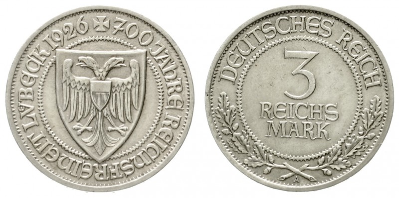Gedenkmünzen
3 Reichsmark Lübeck
1926 A. vorzüglich