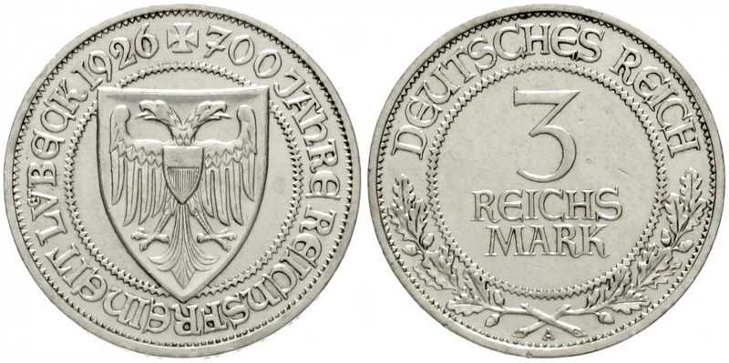 Gedenkmünzen
3 Reichsmark Lübeck
1926 A. vorzüglich, winz. Randfehler, winz. K...