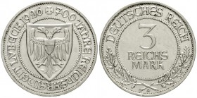 Gedenkmünzen
3 Reichsmark Lübeck
1926 A. vorzüglich, winz. Randfehler, winz. Kratzer