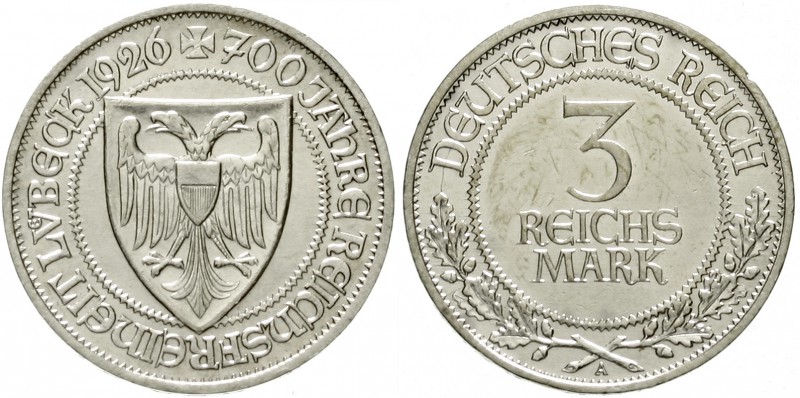 Gedenkmünzen
3 Reichsmark Lübeck
1926 A. vorzüglich, kl. Kratzer und Randfehle...