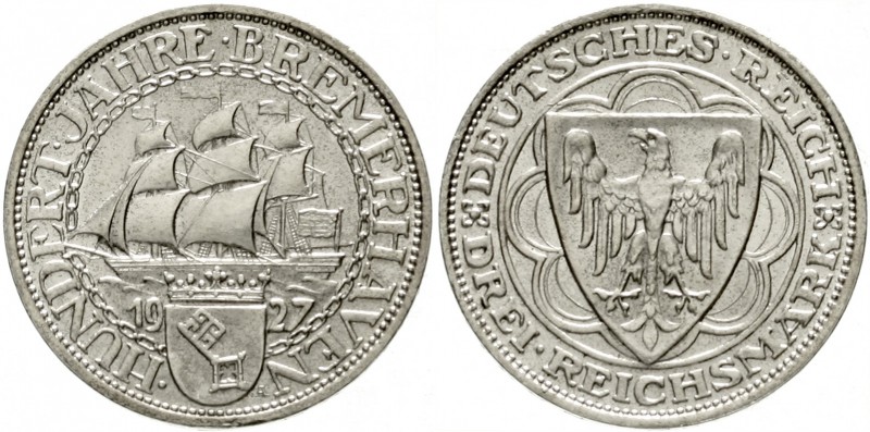 Gedenkmünzen
3 Reichsmark Bremerhaven
1927 A. fast Stempelglanz