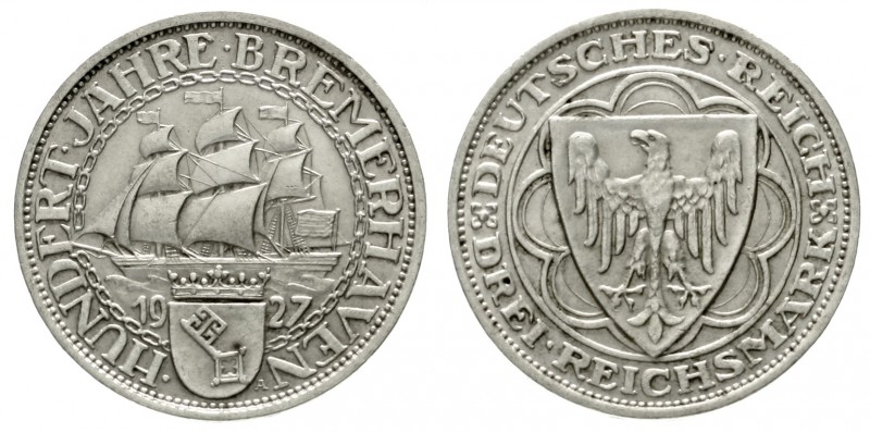Gedenkmünzen
3 Reichsmark Bremerhaven
1927 A. vorzüglich