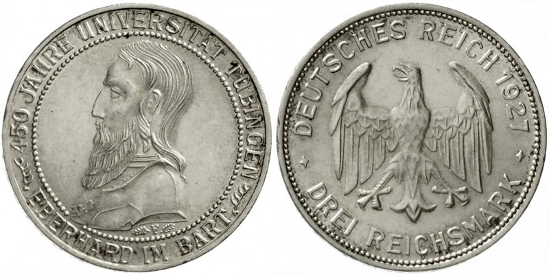 Gedenkmünzen
3 Reichsmark Tübingen
1927 F. vorzüglich/Stempelglanz
