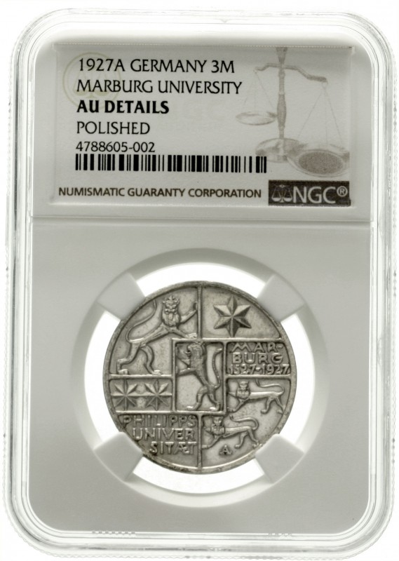 Gedenkmünzen
3 Reichsmark Marburg
1927 A. Im NGC Blister mit Grading AU detail...